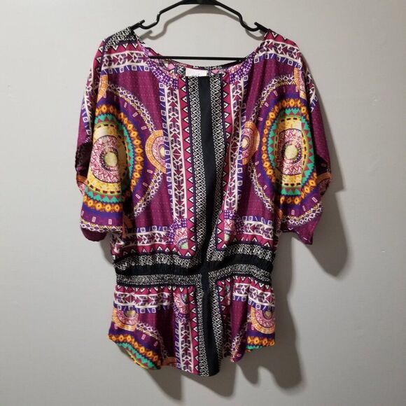 eci NY Boho Tunic Peasant Blouse Short Sleeve Women's Large - Picture 1 of 6